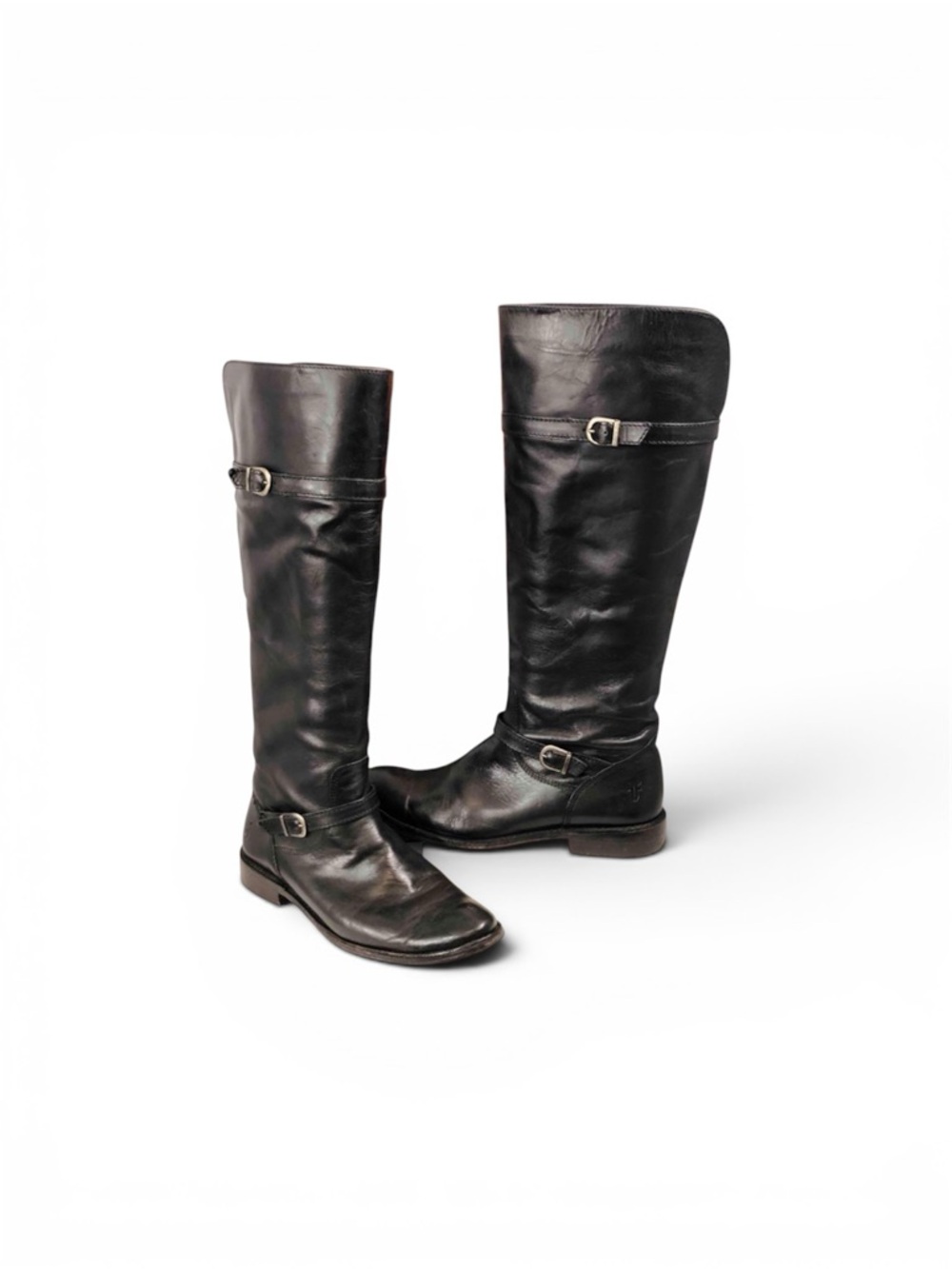 FRYE Black Leather Double Buckle Straps Knee High Boots Sz 6.5